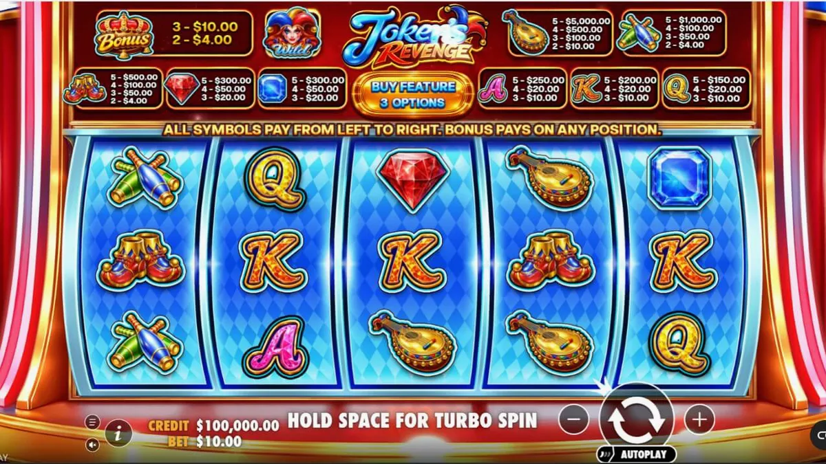 Tampilan visual slot Joker’s Revenge dengan tema harlequin dan gulungan yang penuh warna.