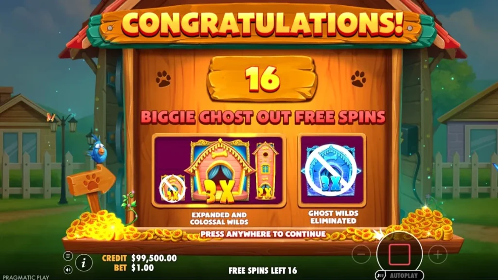 Tampilan visual slot The Big Dog House dengan karakter anjing yang lucu dan latar belakang halaman belakang yang cerah.