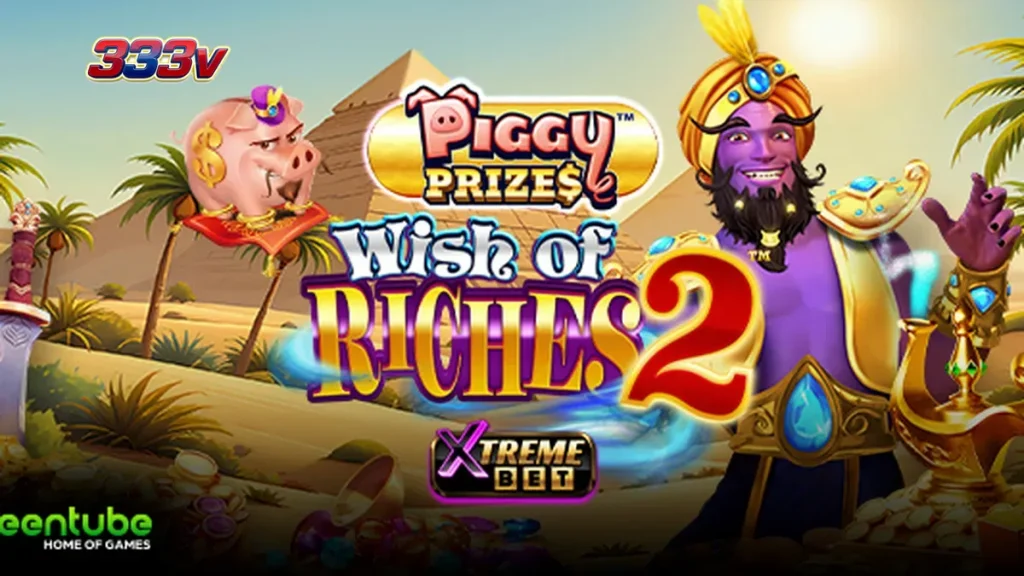Tampilan visual slot Piggy Prizes Wish of Riches 2 dengan elemen genie dan koin emas.