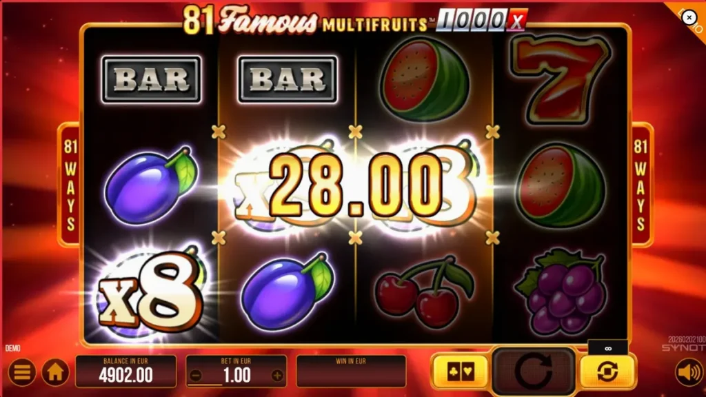 Tampilan visual mesin slot 81 Famous Multifruits 1000 dengan simbol buah dan angka 7